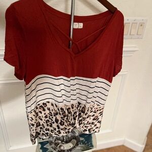 Maurices Burgundy and White Striped Leopard Print Tee